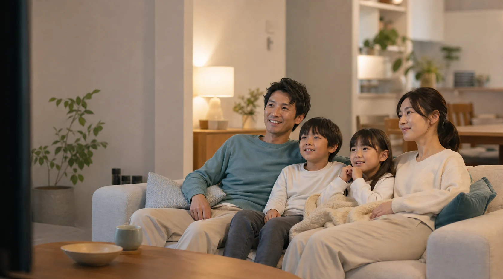家族で映画を観る様子